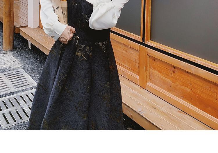 Long-Sleeve Stand Collar Mock Two-Piece Floral Jacquard Midi A-Line Dress Product Image