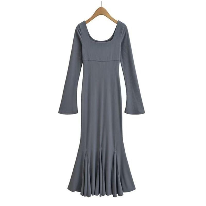 Long Sleeve Square Neck Plain Maxi Mermaid Dress Product Image