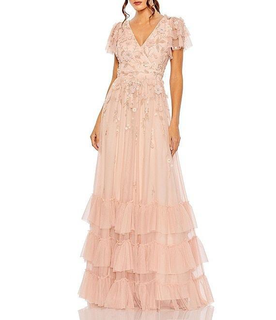 Mac Duggal V-Neck Flutter Sleeve Ruffle Tiered Embellished Gown Product Image