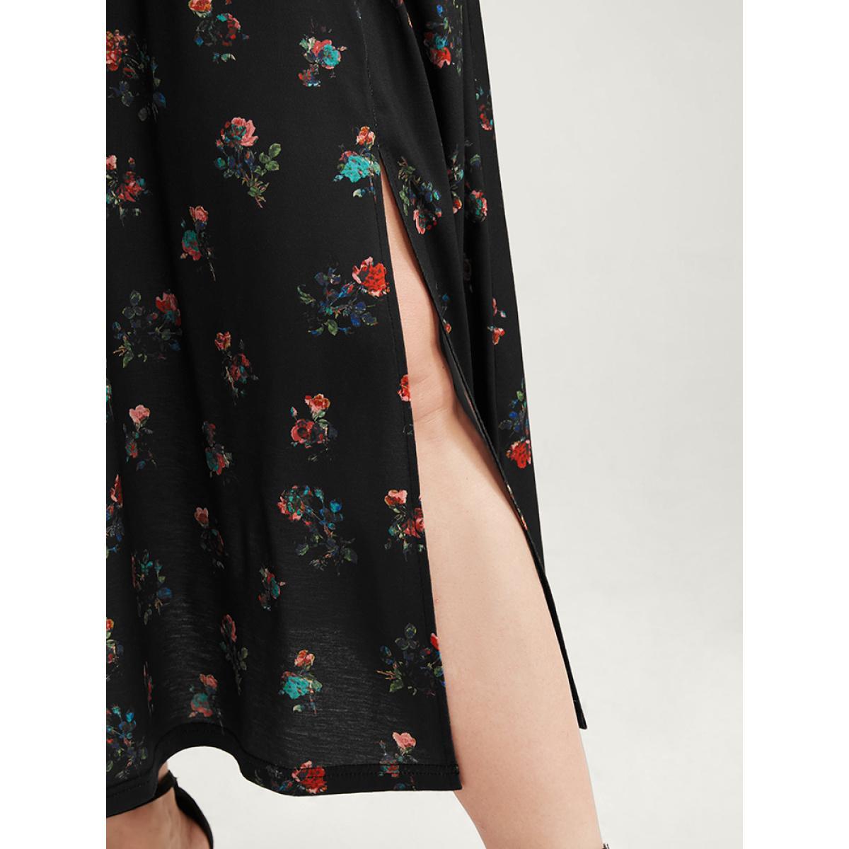 Plus Size Ditsy Floral Button Up Pocket Split Hem Dress BlackFlower Women Elegant Slit V-neck Curvy Midi Dress BloomChic 12/L Product Image