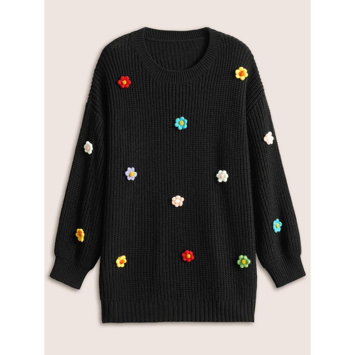 Plus Size Stereo Flower Design Round Neck Pullover Black Women Casual Long Sleeve Round Neck Everyday Pullovers BloomChic 10/M Product Image