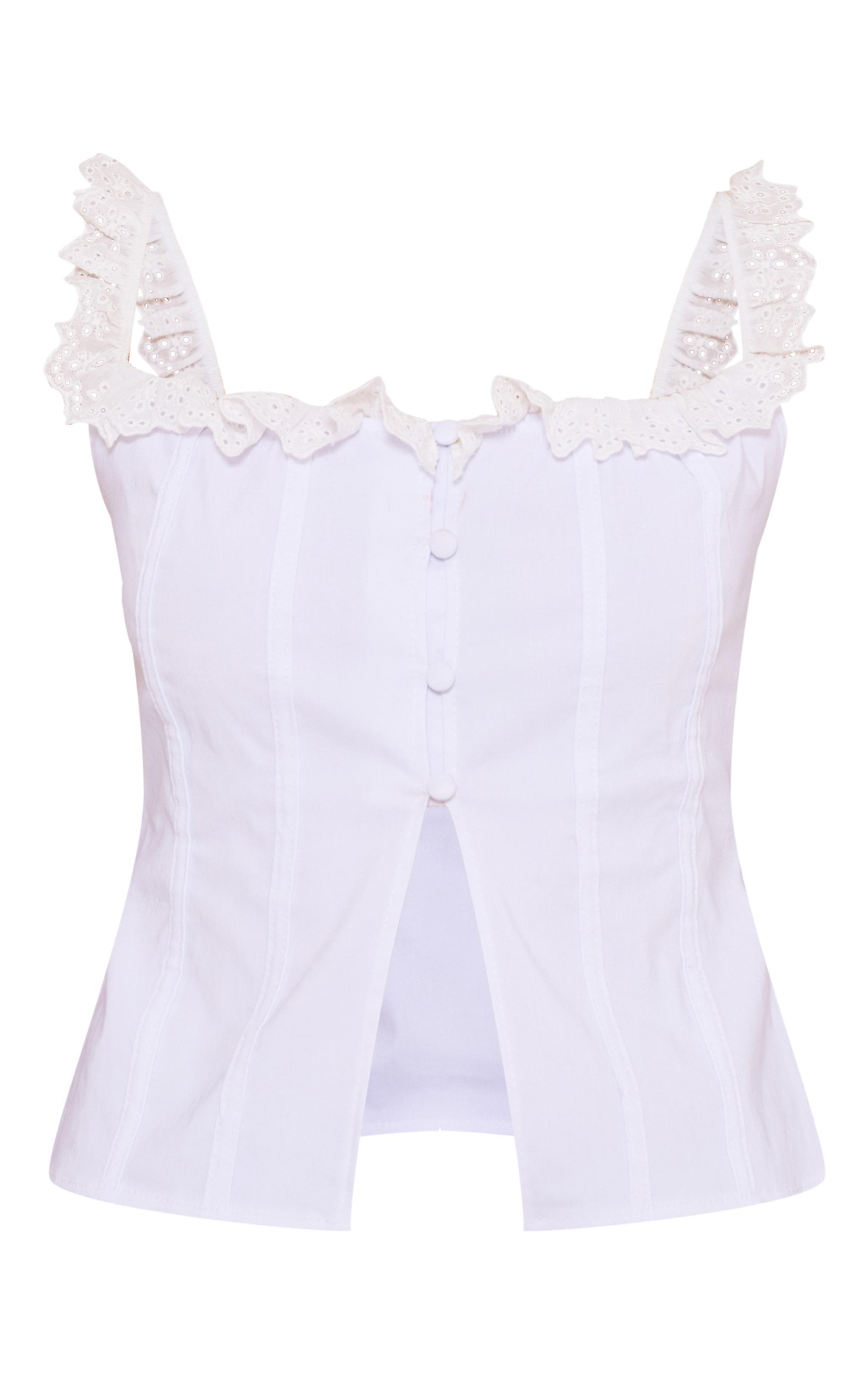 White Broderie Edge Button Detail Top Product Image