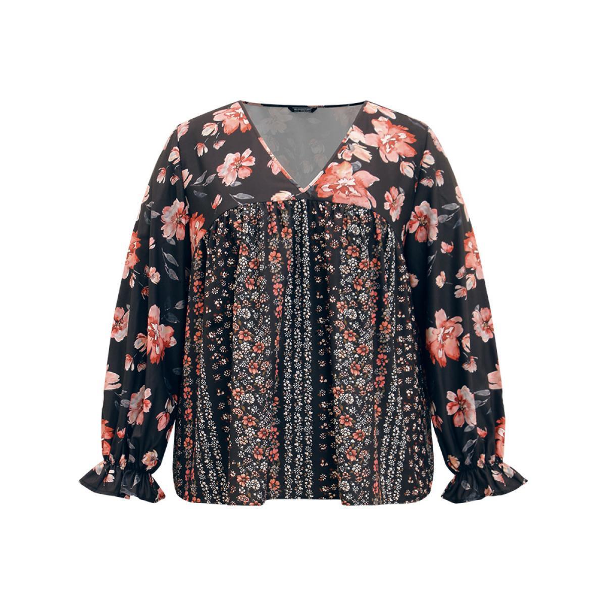 Plus Size BlackFlower Floral Print Flutter Sleeve Patchwork Blouse Women Elegant Long Sleeve V-neck Dailywear Blouses BloomChic 10/M Product Image