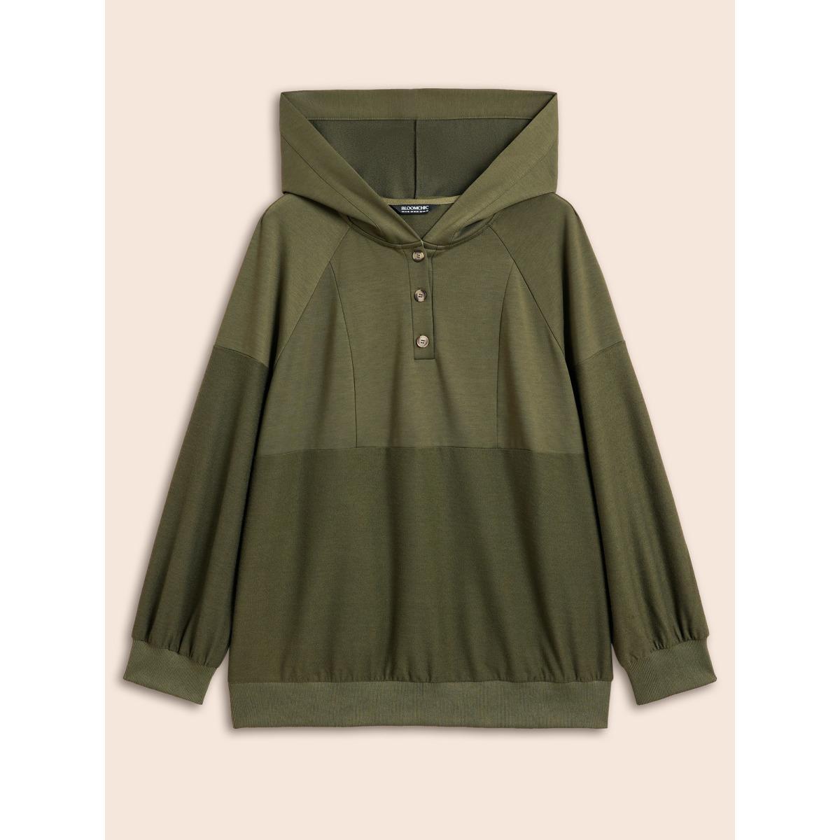 Plus Size Solid Button Up Raglan Sleeve Hooded Sweatshirt Women ArmyGreen Casual Patchwork Hooded Everyday Sweatshirts BloomChic 14-16/1X Product Image