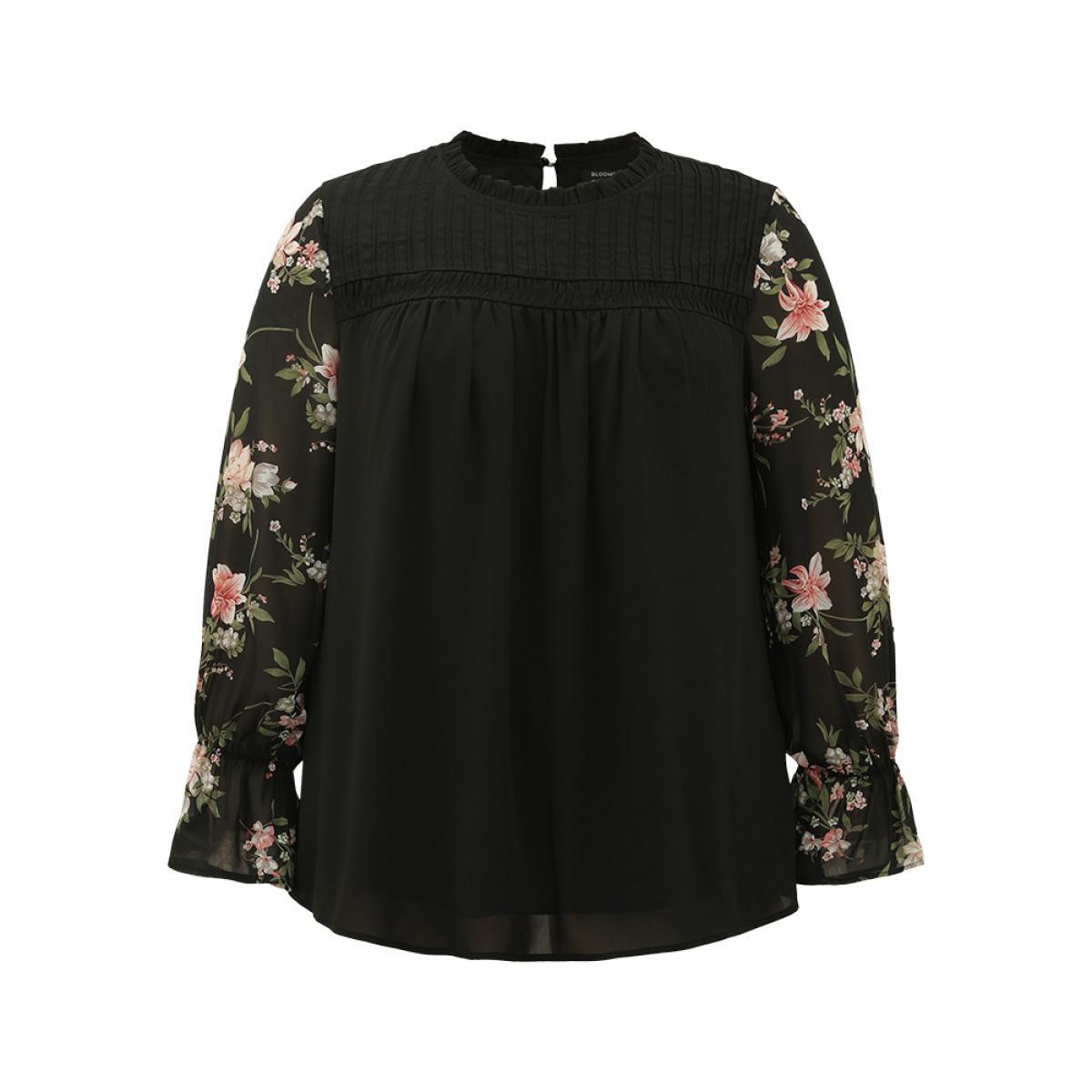 Plus Size Black Twill Floral Patchwork Shirred Mesh Frill Trim Blouse Women Elegant Long Sleeve Stand-up collar Dailywear Blouses BloomChic 26/4X Product Image