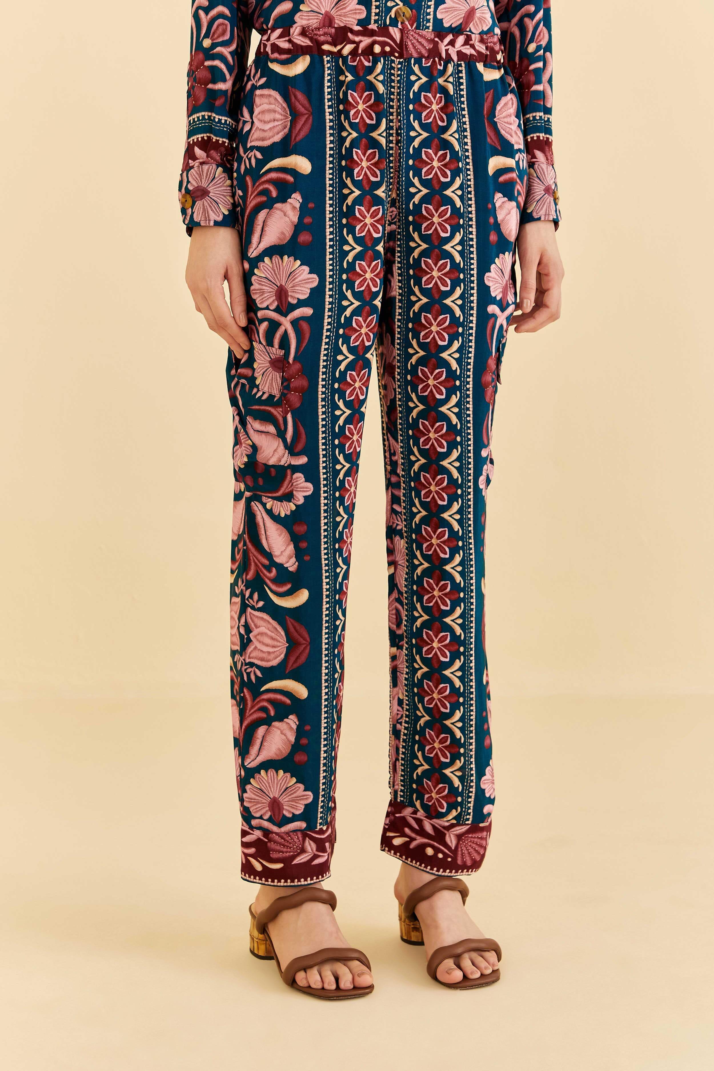 Teal Seashell Tapestry Cargo Pants Product Image