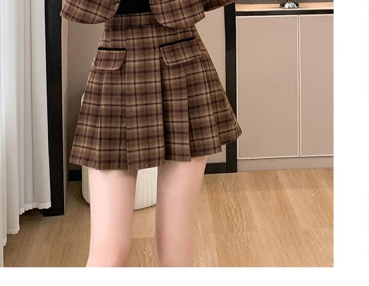 Set: Plaid Button-Up Crop Jacket + Mini Pleated Skirt Product Image