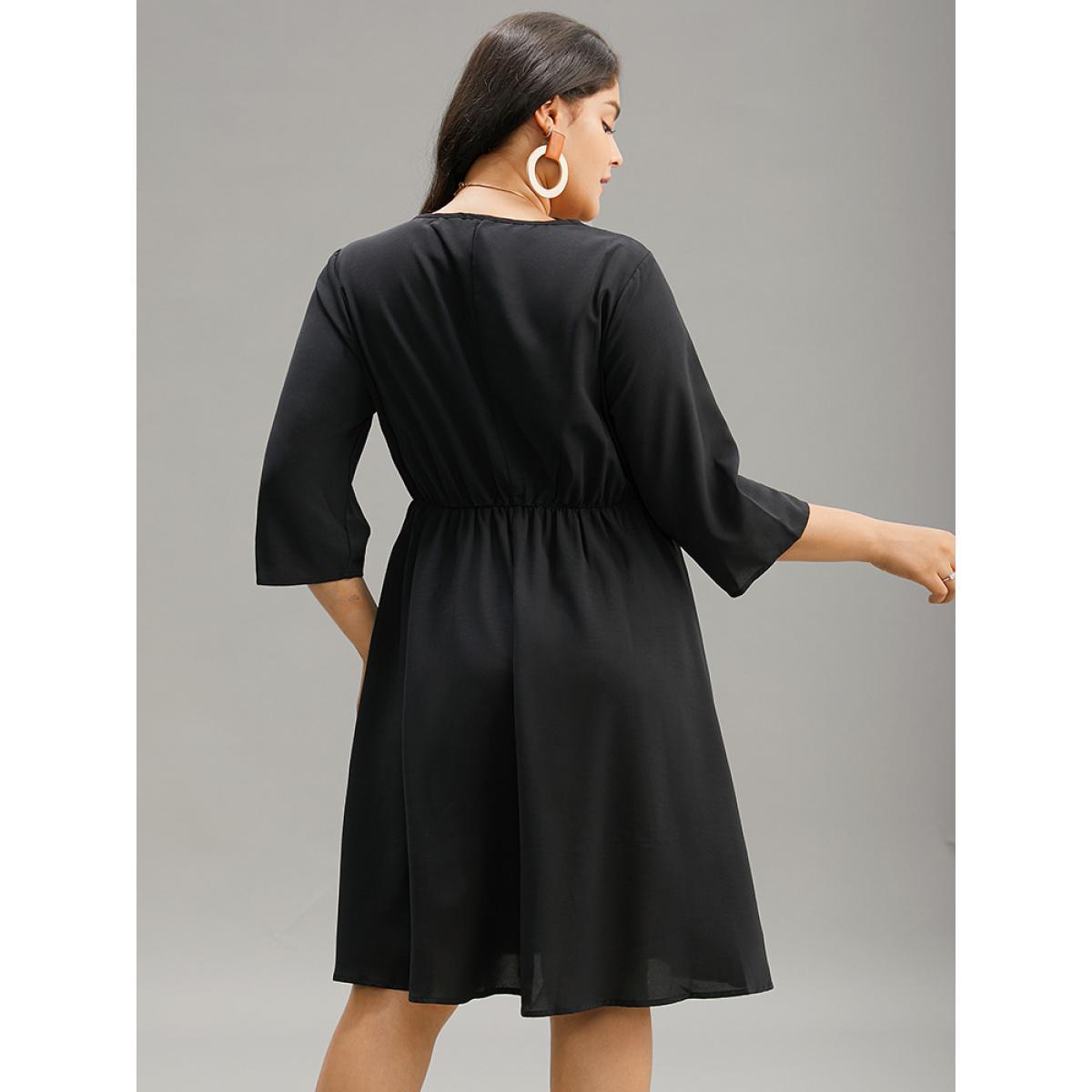 Plus Size Floral Embroidered Pocket V Neck Dress Black Women Vacation Embroidered V-neck Elbow-length sleeve Curvy Midi Dress BloomChic 14-16/1X Product Image