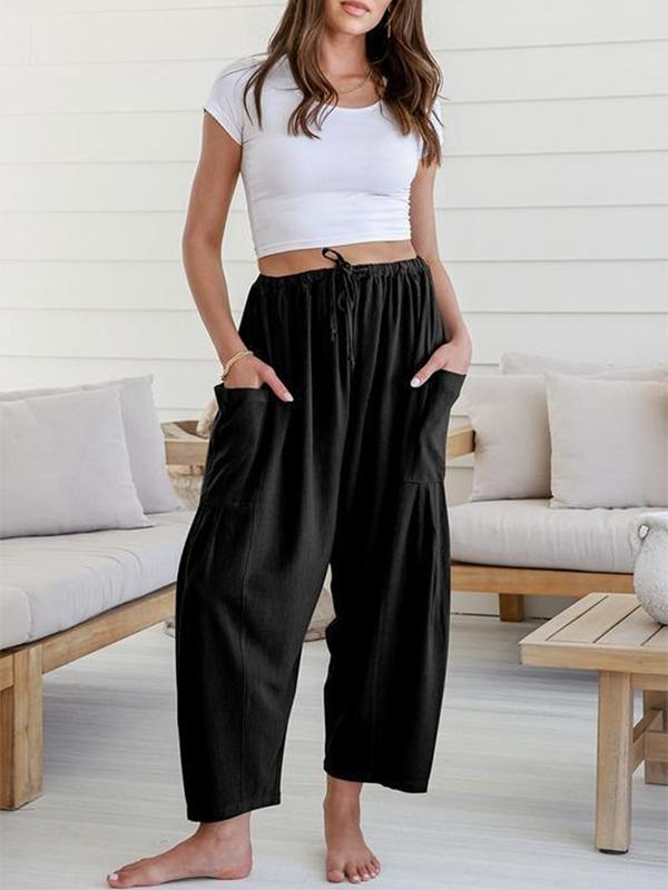Column Loose Elasticity Pockets Solid Color Casual Pants Bottoms Trousers Product Image