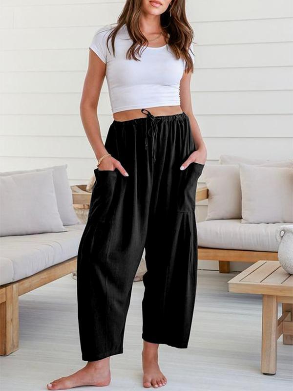 Column Loose Elasticity Pockets Solid Color Casual Pants Bottoms Trousers Product Image