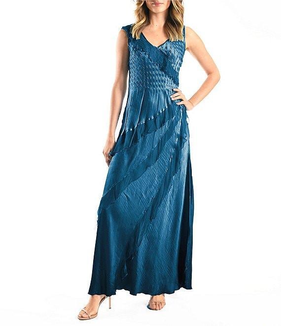 Komarov Chiffon Charmeuse V-Neck Sleeveless Ruffle Cascade A-Line Dress Product Image