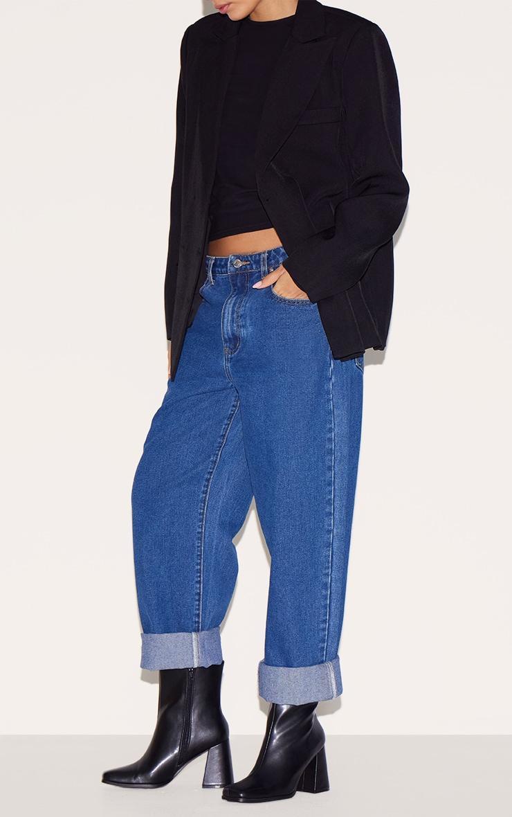 Black Wide Fit PU Square Toe Block Heeled Ankle Boots Product Image