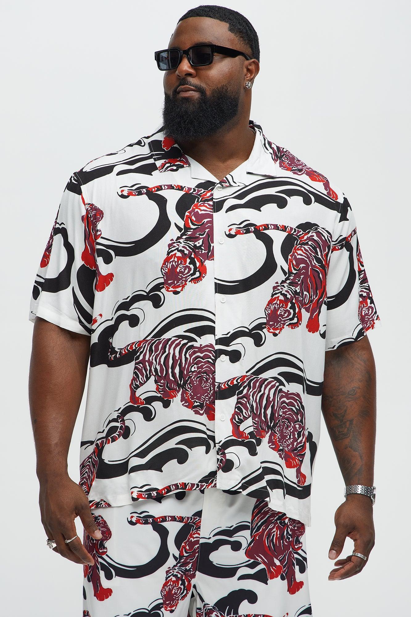 Tiger Waves Cuban Collar Button Up Shirt - White/combo Male Product Image