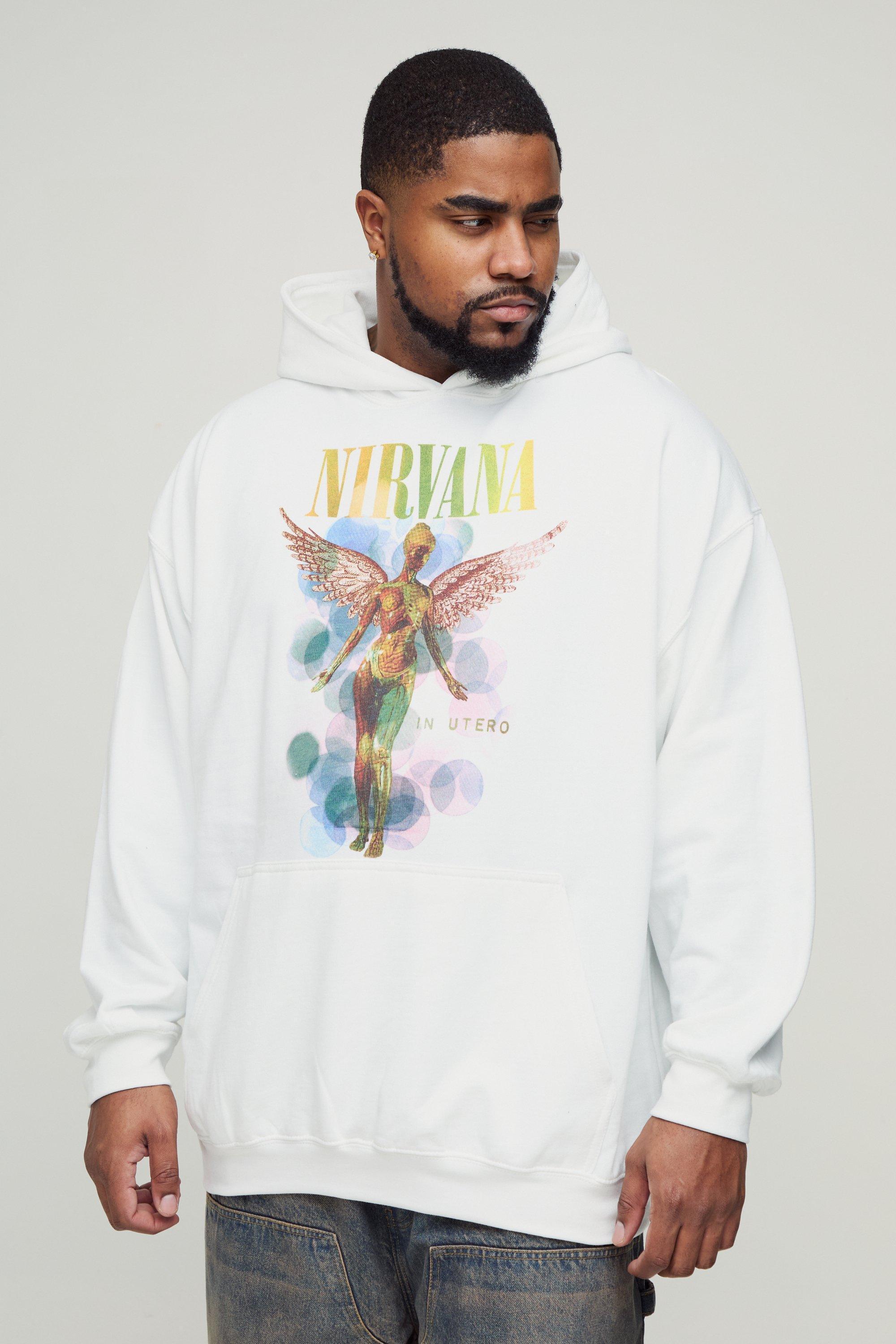 Mens Plus Oversized Nirvana License Print Hoodie - White Product Image