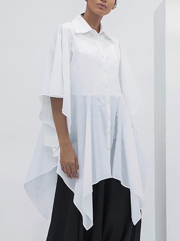 Flared Sleeves Half Sleeves Buttoned Solid Color Split-Joint Lapel Blouses&Shirts Tops Product Image