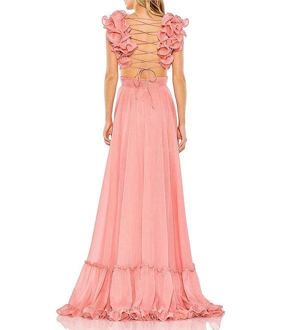 Mac Duggal V-Neck 3D Ruffle Shoulder Lace Back Chiffon A-line Gown Product Image