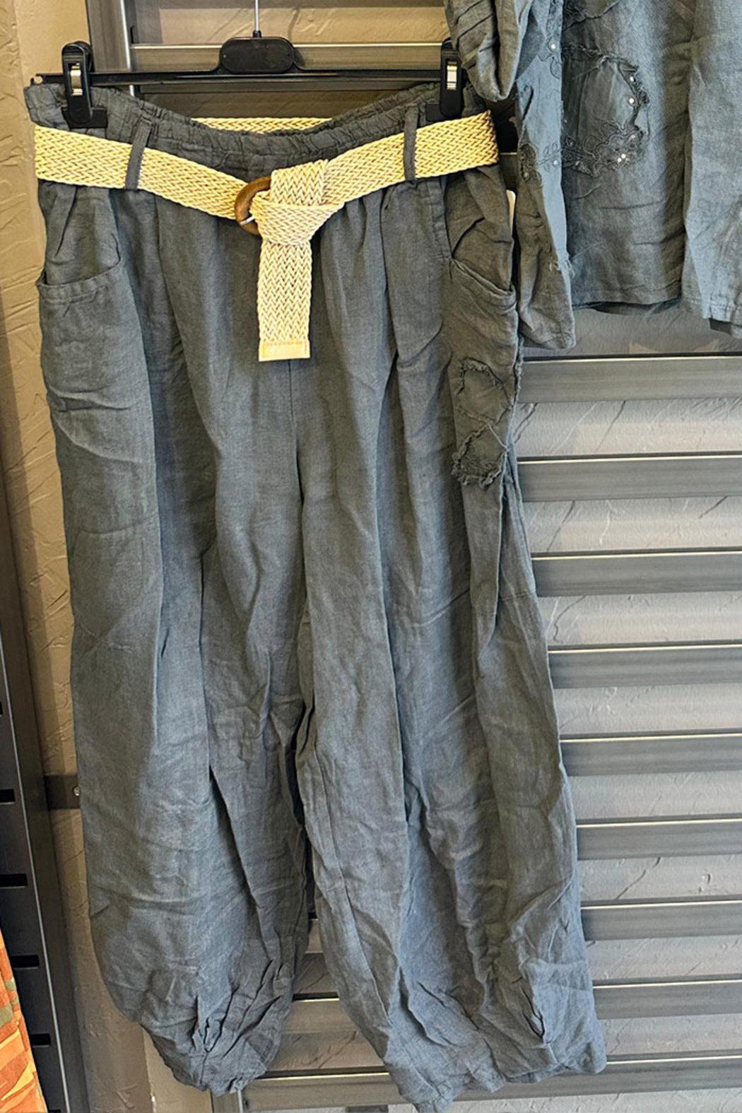 Sequin Flower Applique Linen Pants Product Image