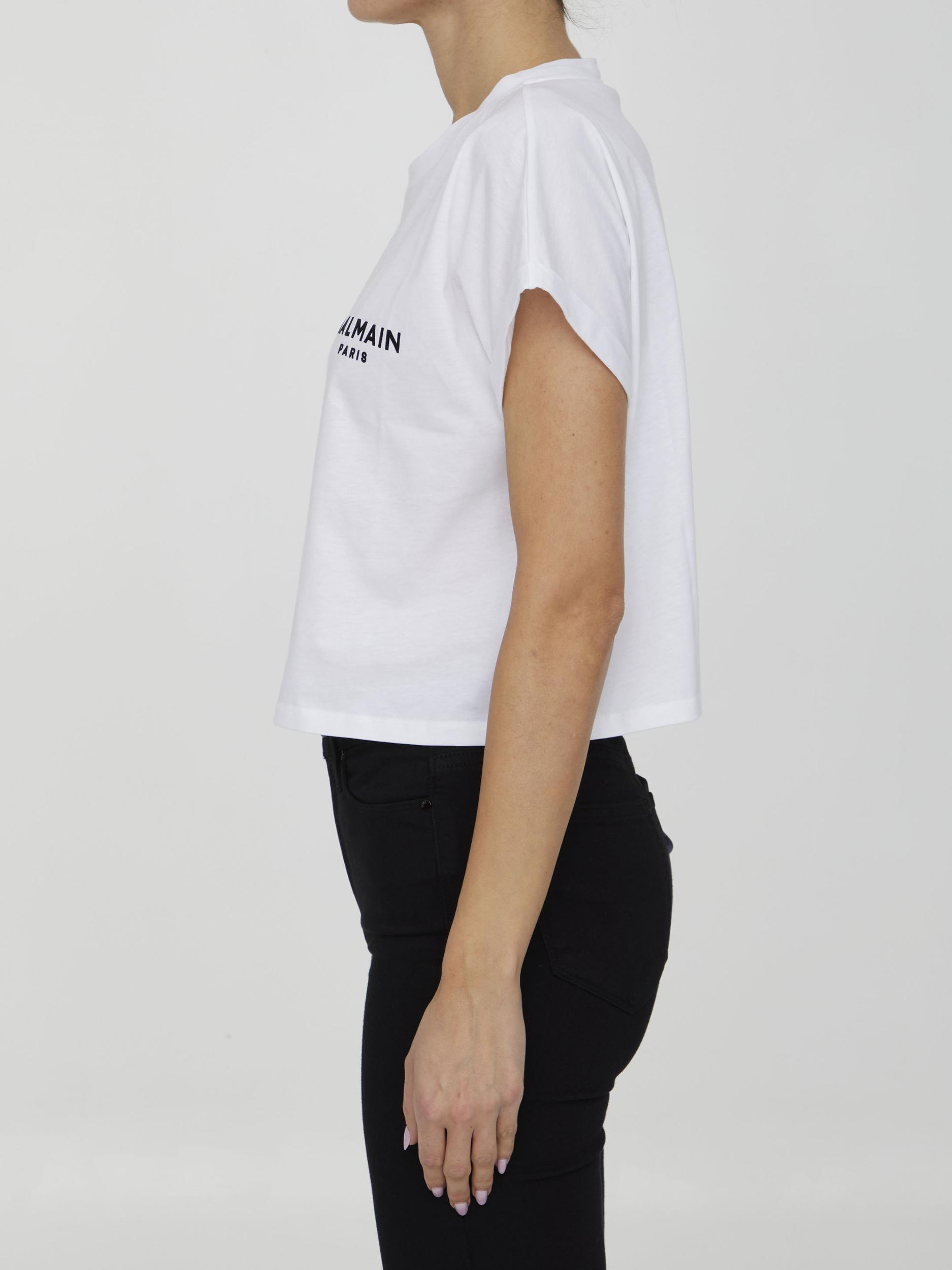 BALMAIN Cropped Flocked Cotton-jersey T-shirt In White Silver Product Image