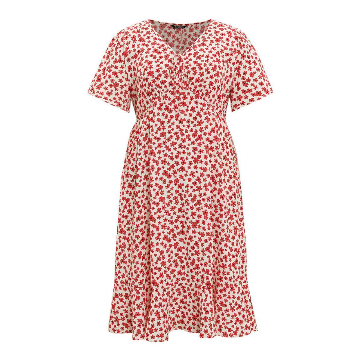Plus Size Ditsy Floral Knot Front Pocket Ruffle Hem Dress Red Women Elegant Knotted V-neck Short sleeve Curvy Midi Dress BloomChic 30/6X Product Image