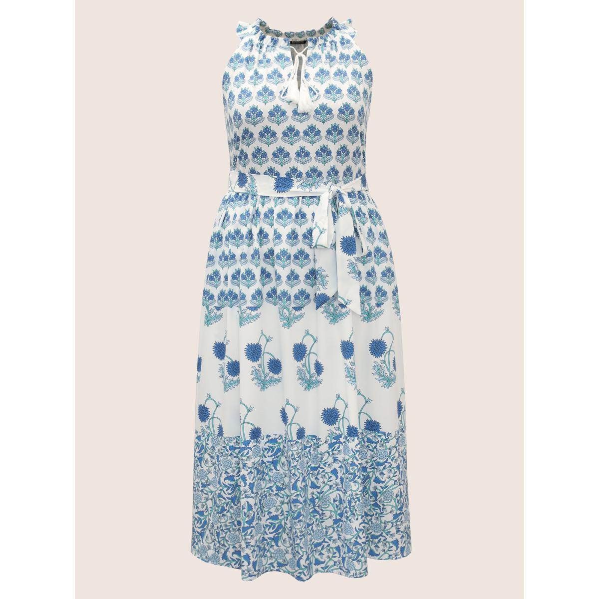 Plus Size Boho Print Notched Collar Tassel Sleeveless Dress Blue Women Resort Tie knot Notched collar Sleeveless Curvy Midi Dress BloomChic 28/5X Product Image