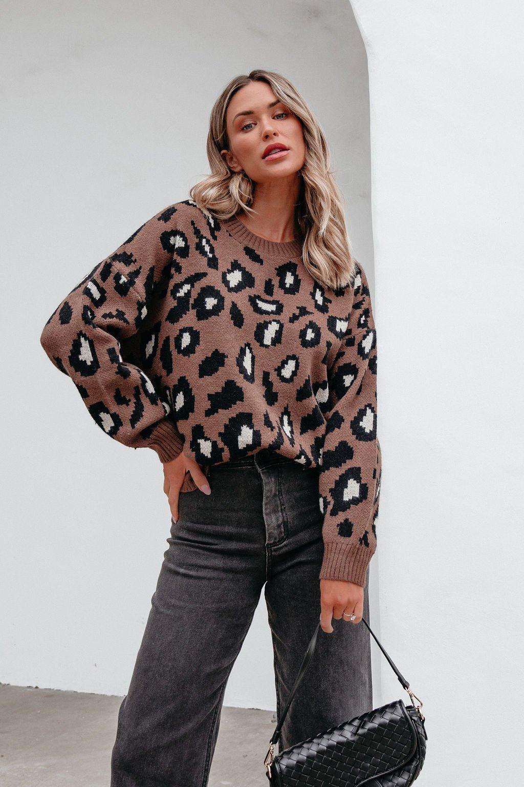 Brown Leopard Print Ribbed Sweater-FINAL SALE Product Image