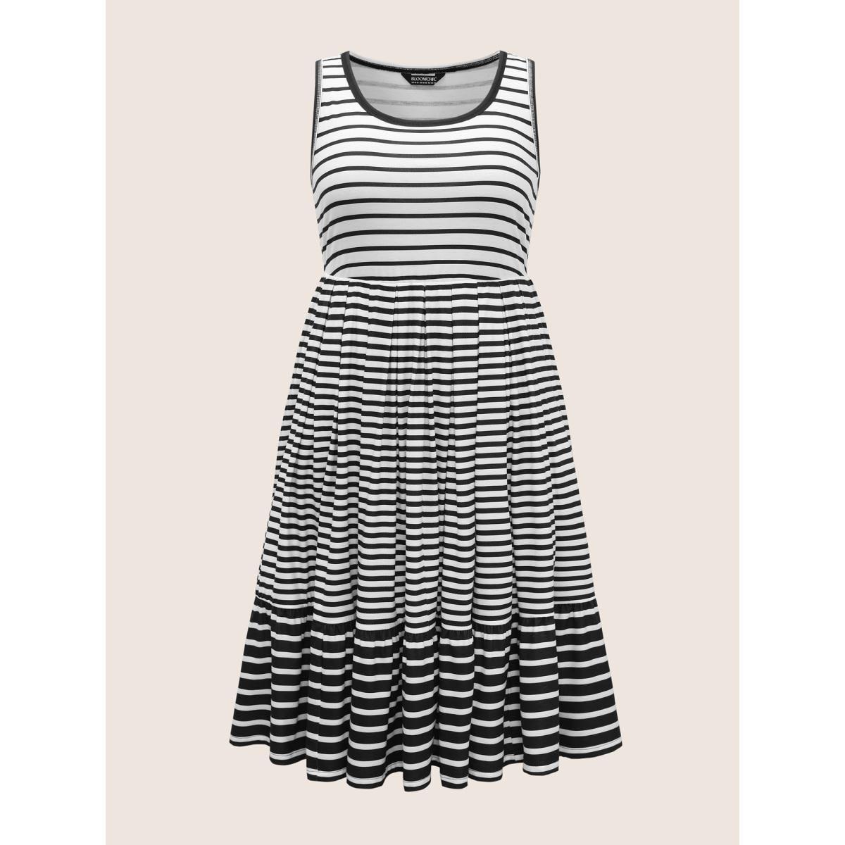 Plus Size Striped Ruffle Layered Hem Tank Midi Dress Black Women Casual Patchwork Square Neck Sleeveless Curvy BloomChic 14-16/1X Product Image