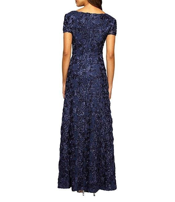 Alex Evenings Sequin Floral Lace Ribbon Rosette Round Neck Short Sleeve Gown Product Image