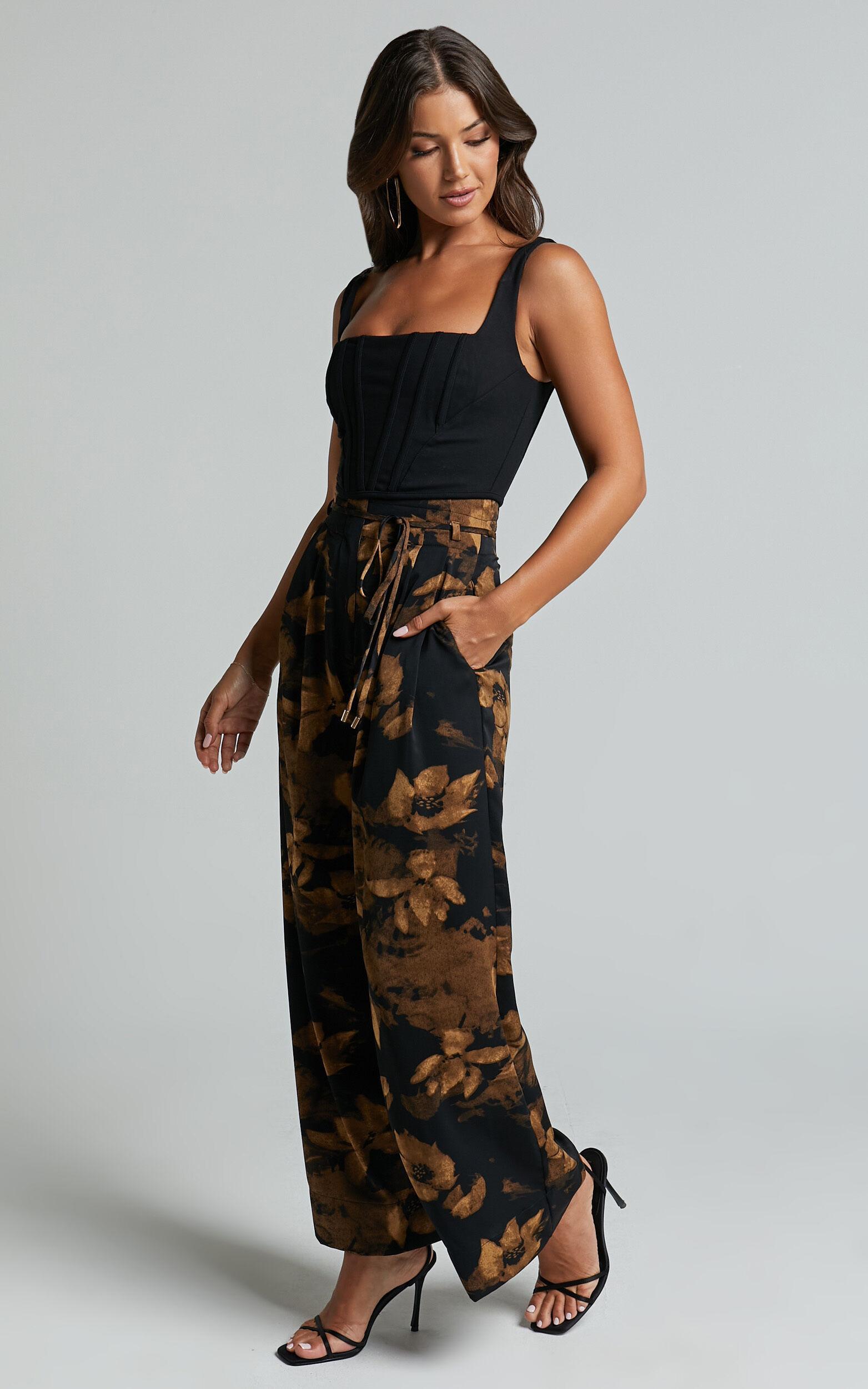 Etta Pants - High Waist Wide Leg Satin Pants in Amber Floral Print Product Image