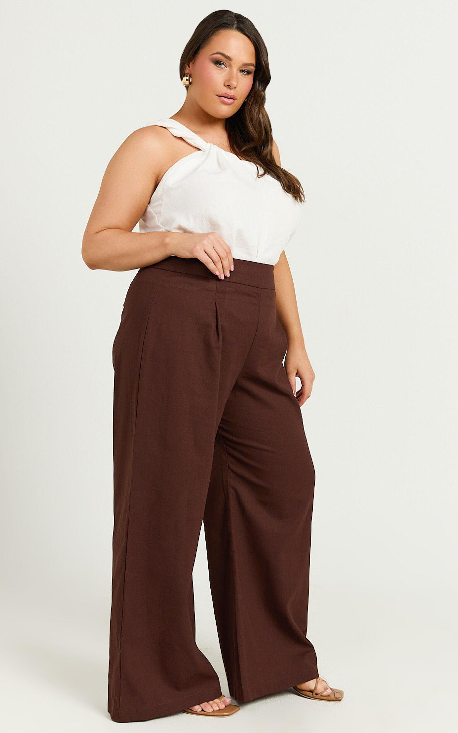 Alina Pants - Linen High Waisted Wide Leg Relaxed Pants in Chocolate Product Image