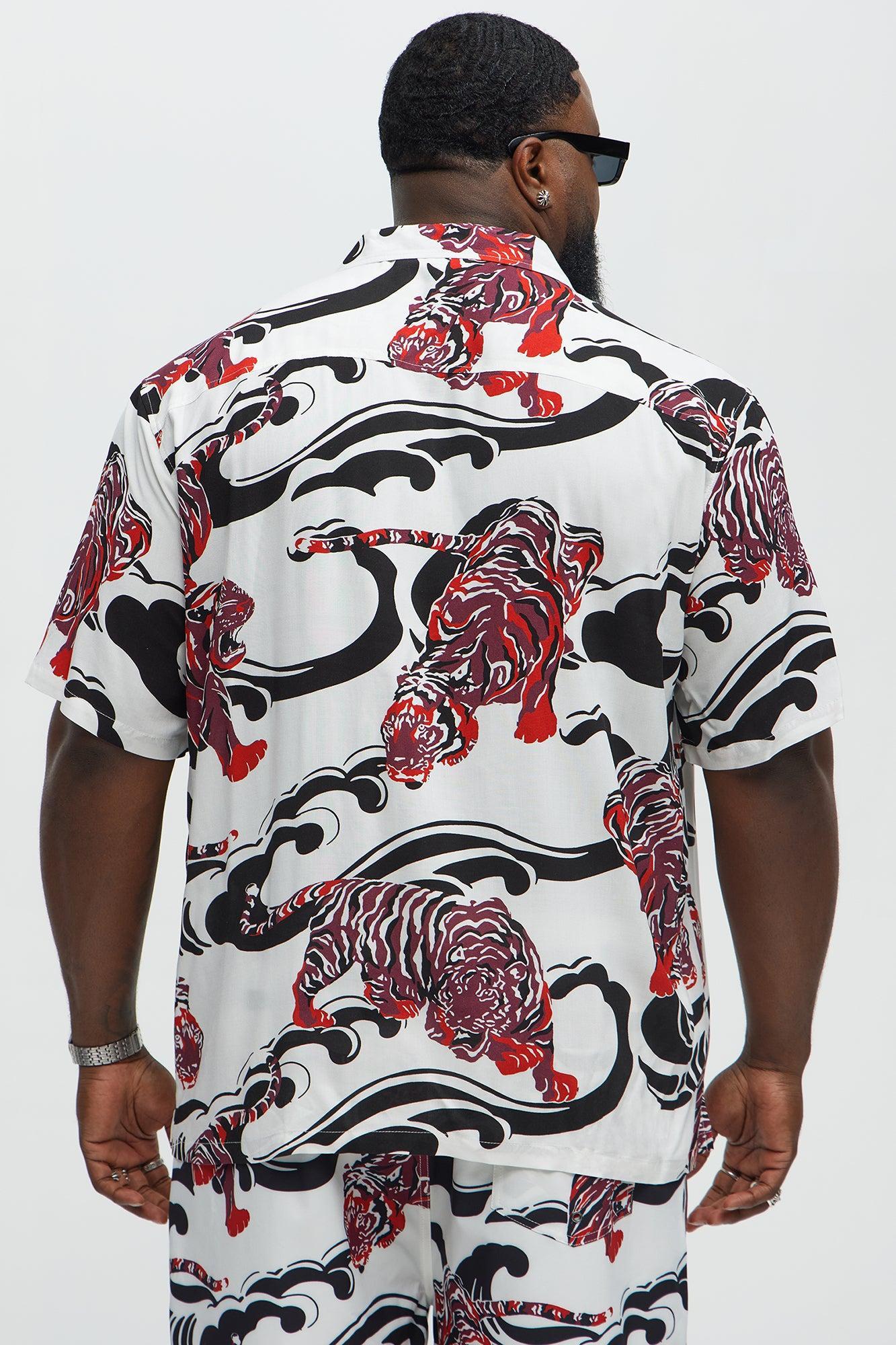 Tiger Waves Cuban Collar Button Up Shirt - White/combo Male Product Image