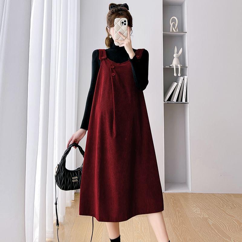 Maternity Mock Neck Plain Ribbed Sweater / Midi Dungaree Dress / Set Product Image