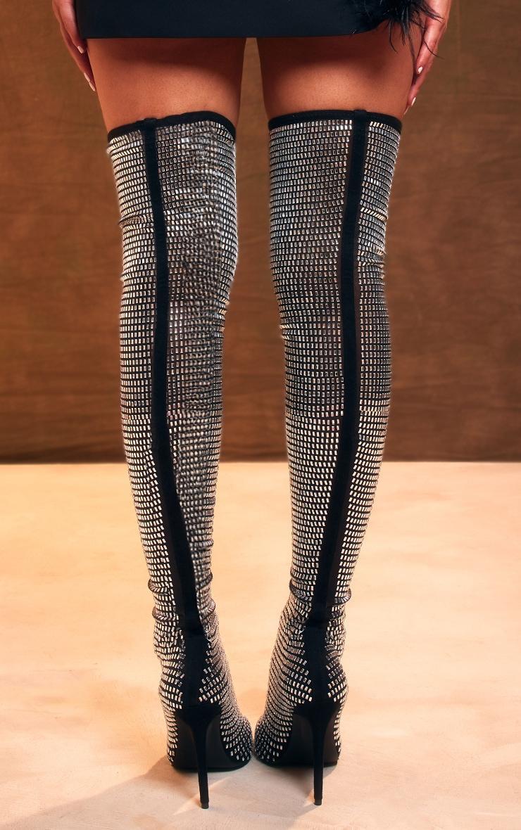 Black Mesh Point Toe Diamante Over The Knee High Heeled Boots Product Image