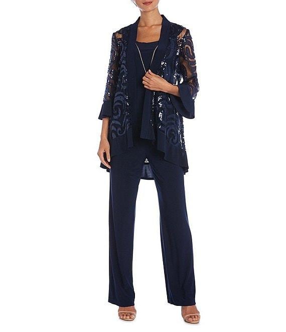 R & M Richards Swirl Sequin Scoop Neck 3/4 Sleeve Jacket 3-Piece Set Product Image