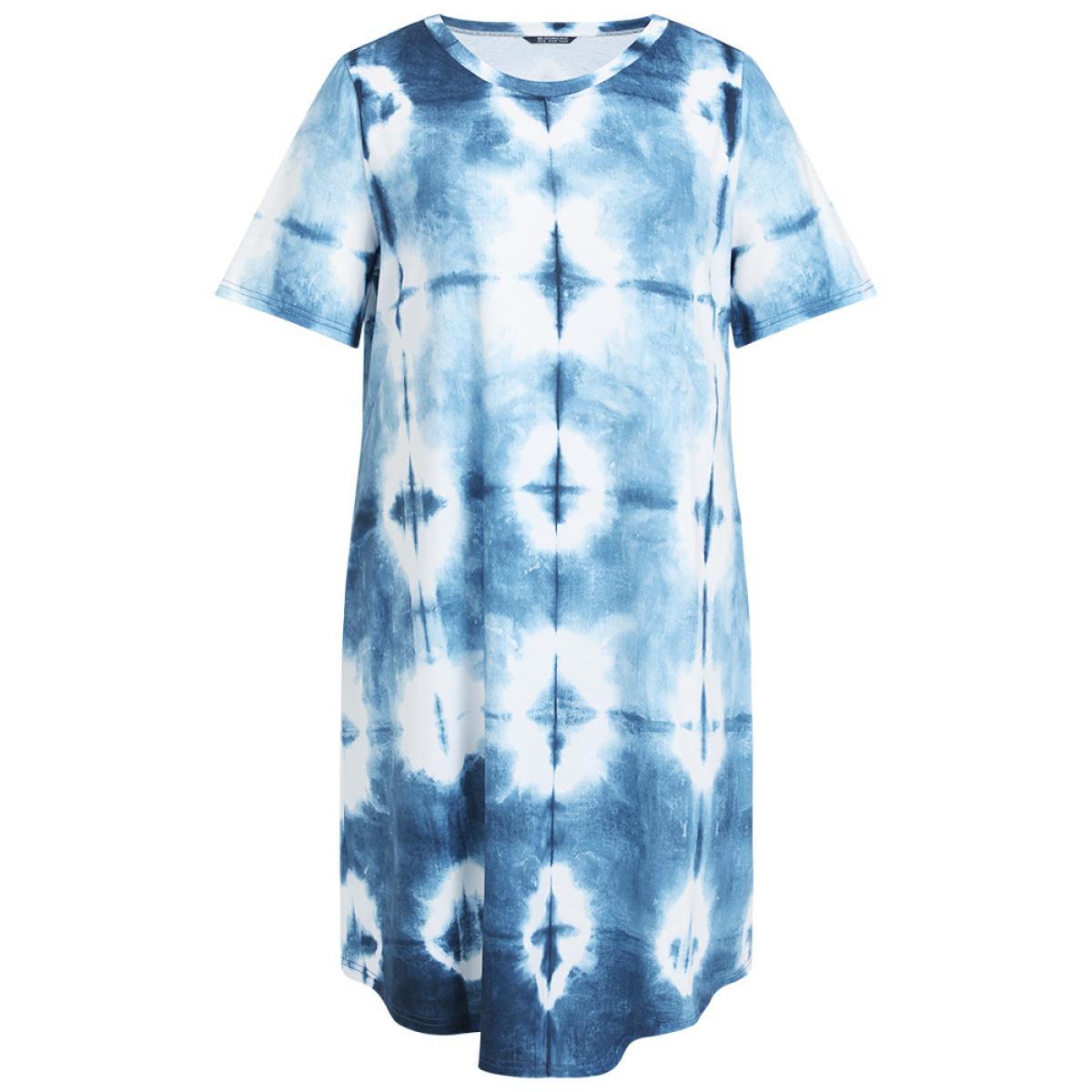 Plus Size Tie Dye Pocket Ruffle Hem Crew Neck Dress Blue Women Casual Printed Round Neck Short sleeve Curvy Midi Dress BloomChic 22-24/3X Product Image