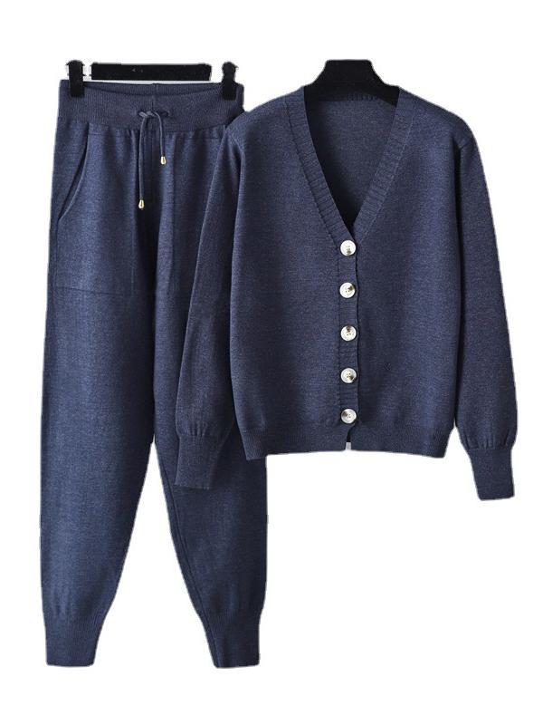 Casual Loose Solid Color V-Neck Cardigan Tops & Harem Pants Two Pieces Set Product Image