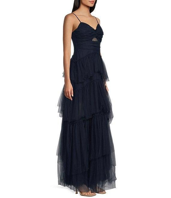 Next Up Twist Front Cut-Out Tiered Tulle Long Dress Product Image