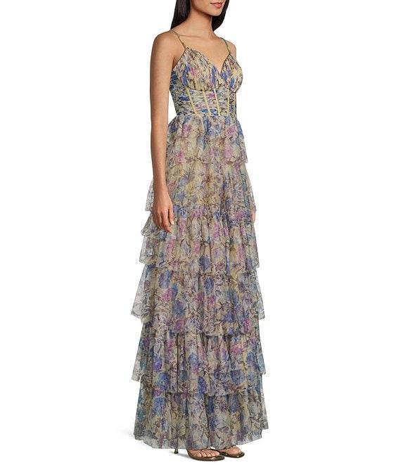 Blondie Nites Floral Mesh V-Neck Spaghetti Strap Corset Tiered A-Line Dress Product Image