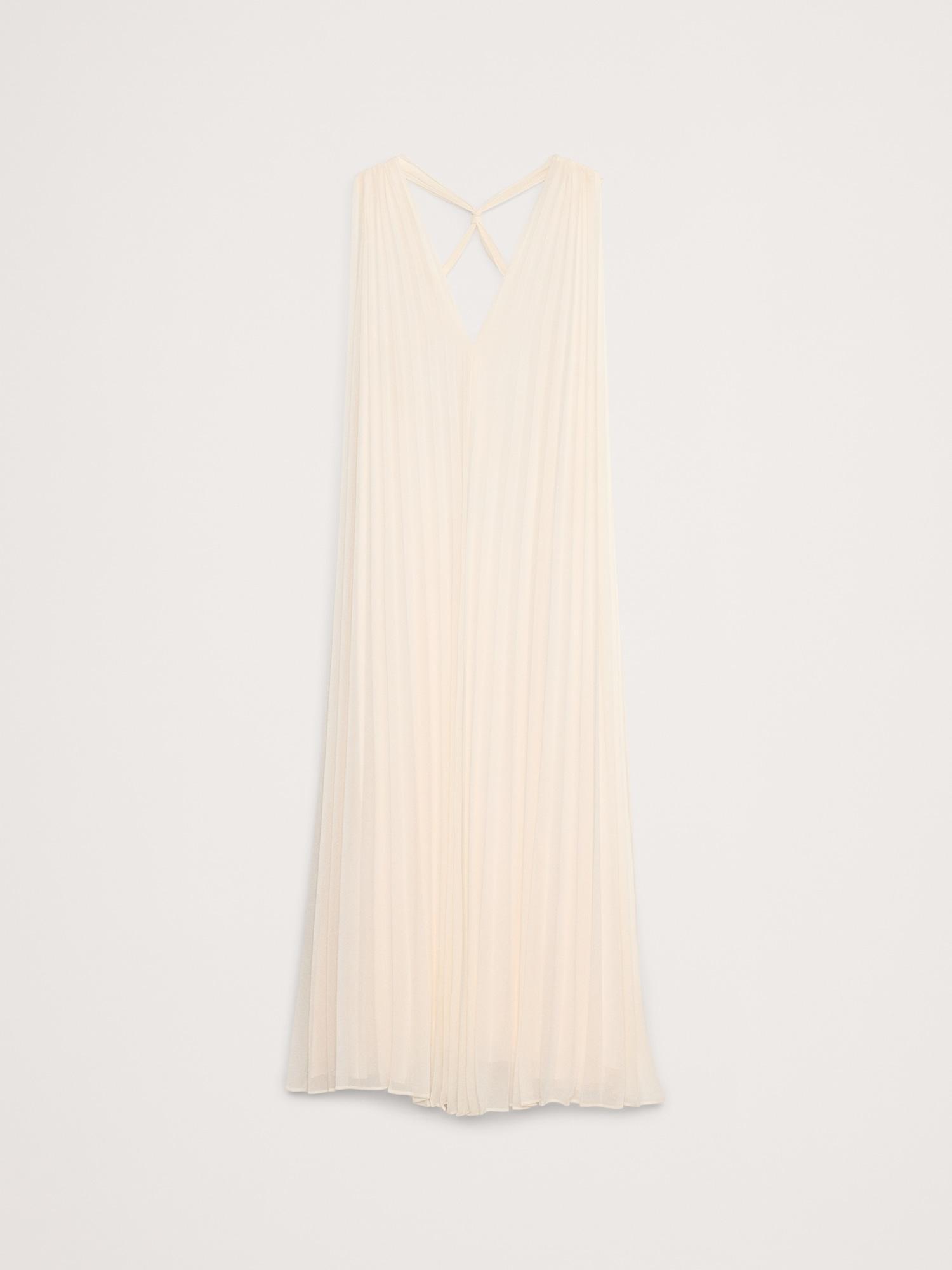 Pleated Georgette Open-Back Long Midi Dress Product Image