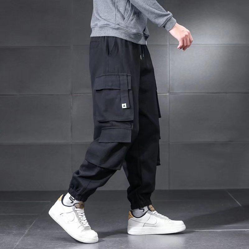 Drawstring Waist Plain Cargo Harem Pants Product Image