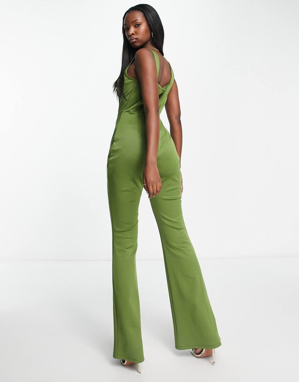 ASOS DESIGN jersey corset detail jumpsuit with flare leg in khaki Product Image