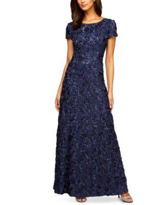 Alex Evenings Sequin Floral Lace Ribbon Rosette Round Neck Short Sleeve Gown Product Image