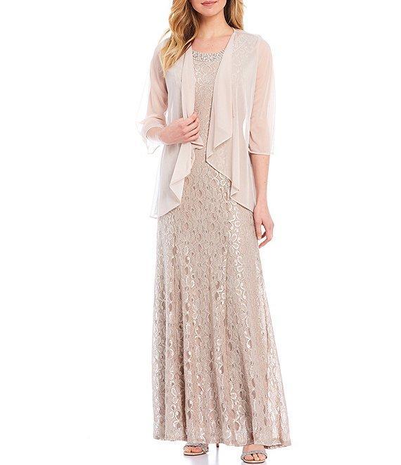R & M Richards Glitter Lace Beaded Neck 2-Piece Jacket Gown Product Image