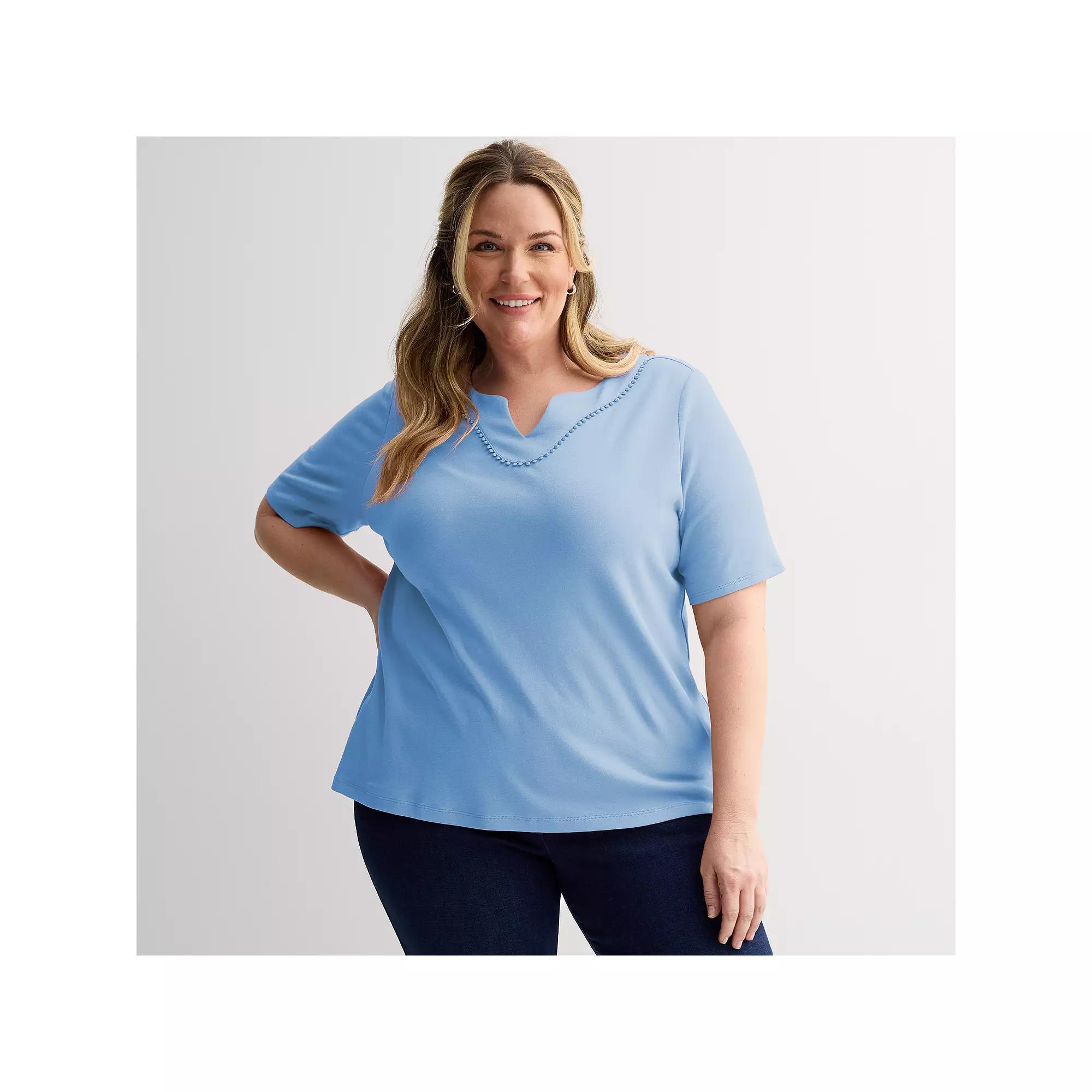 Plus Size Croft & Barrow® Bobble Trim Split Neck Top, Women's, Size: 5XL, Palmer Peri Product Image