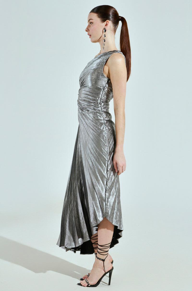 A LITTLE PARTY PLEATED MIDI DRESS IN SILVER Product Image