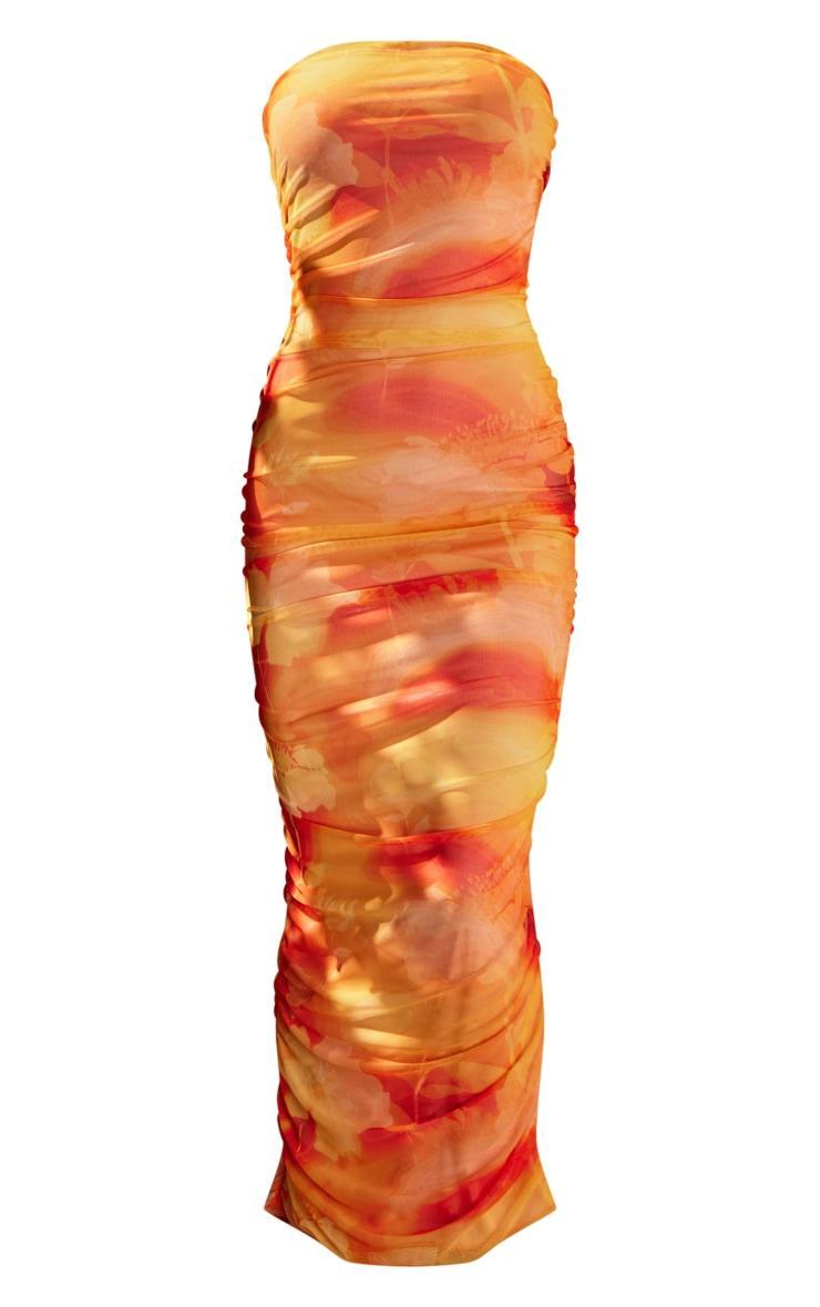 Orange Floral Mesh Bandeau Ruched Maxi Dress Product Image