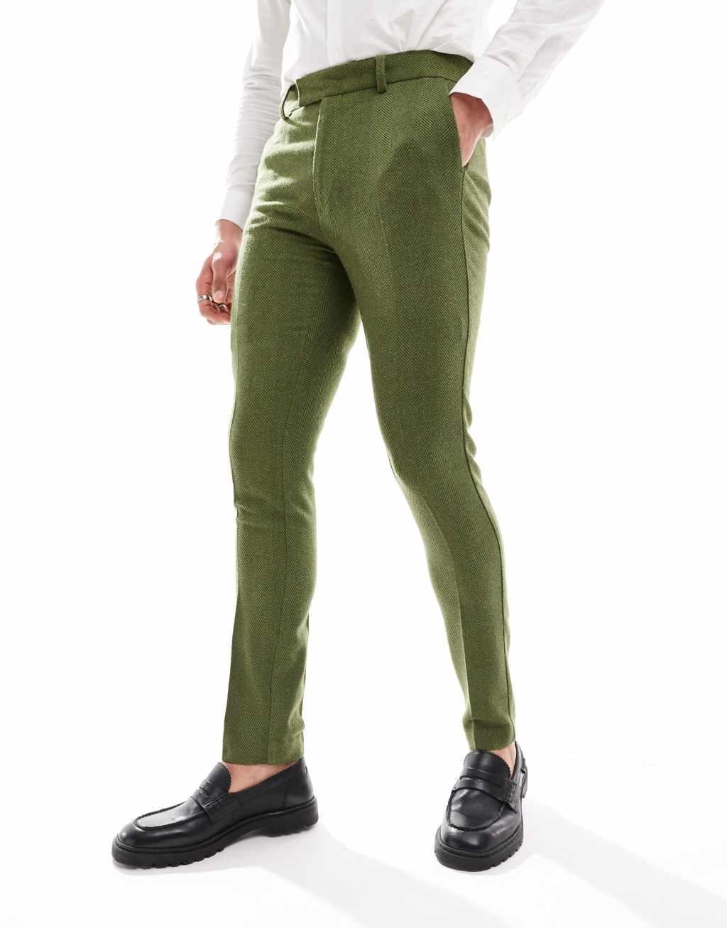 ASOS DESIGN Wedding skinny suit pants in olive herringbone Product Image