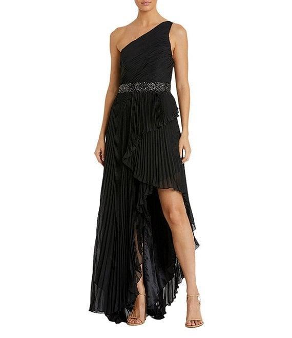 Mac Duggal One Shoulder Pleated Chiffon Beaded Waist Hi Low Gown Product Image
