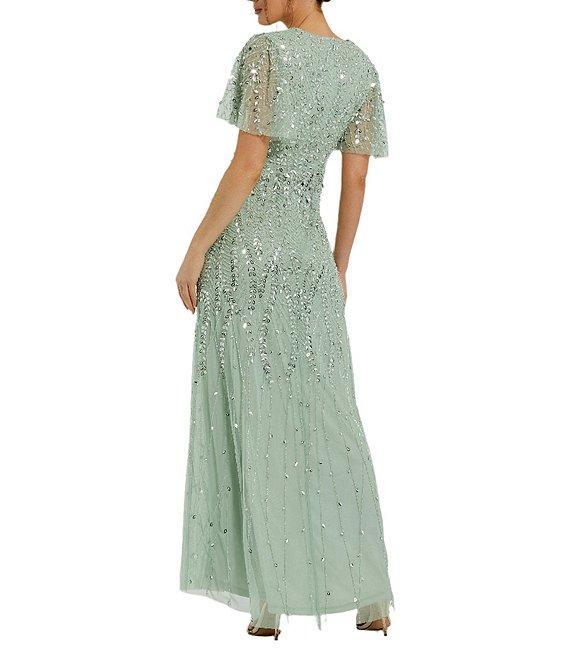 Mac Duggal Flutter Short Sleeve Surplice V-Neck Beaded Sheath Gown Product Image
