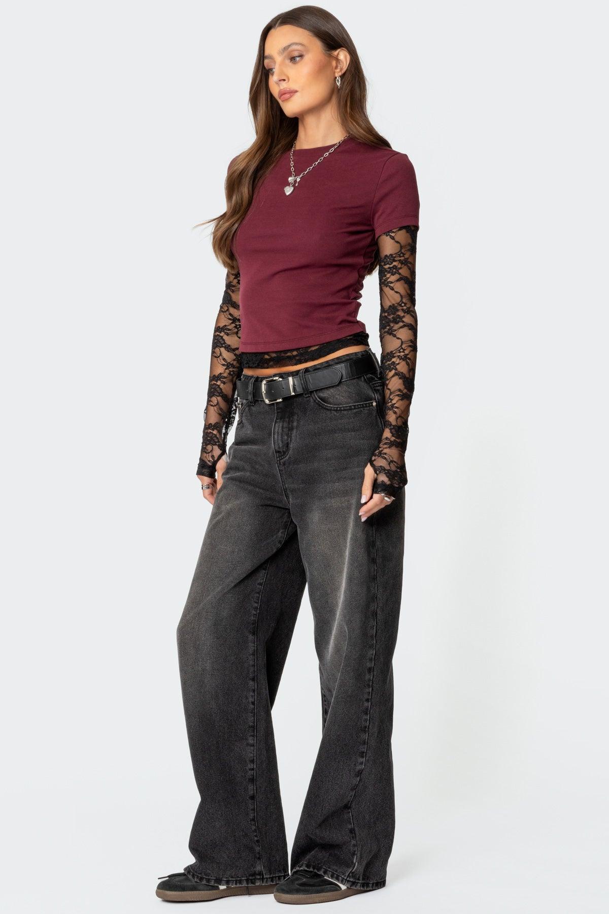 Layered Lace Sleeve T Shirt Product Image