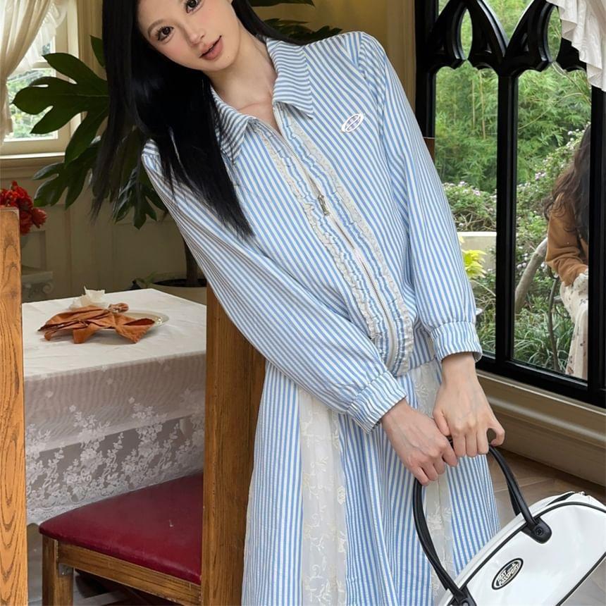 Long Sleeve Collar Lace-Trim Loose-Fit Zip-Up Jacket/High Rise Striped Lace Panel Midi Bubble Skirt Product Image